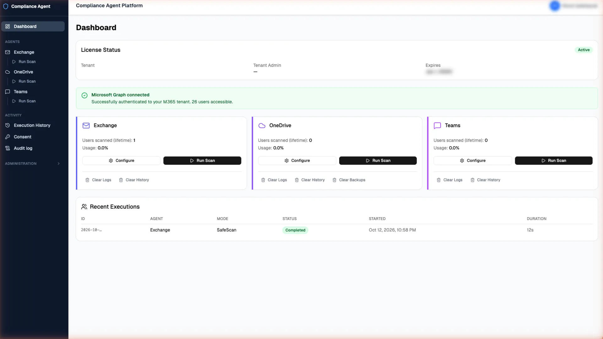 The dashboard: the licence status card, one card each for Exchange, OneDrive and Teams, and the most recent run.