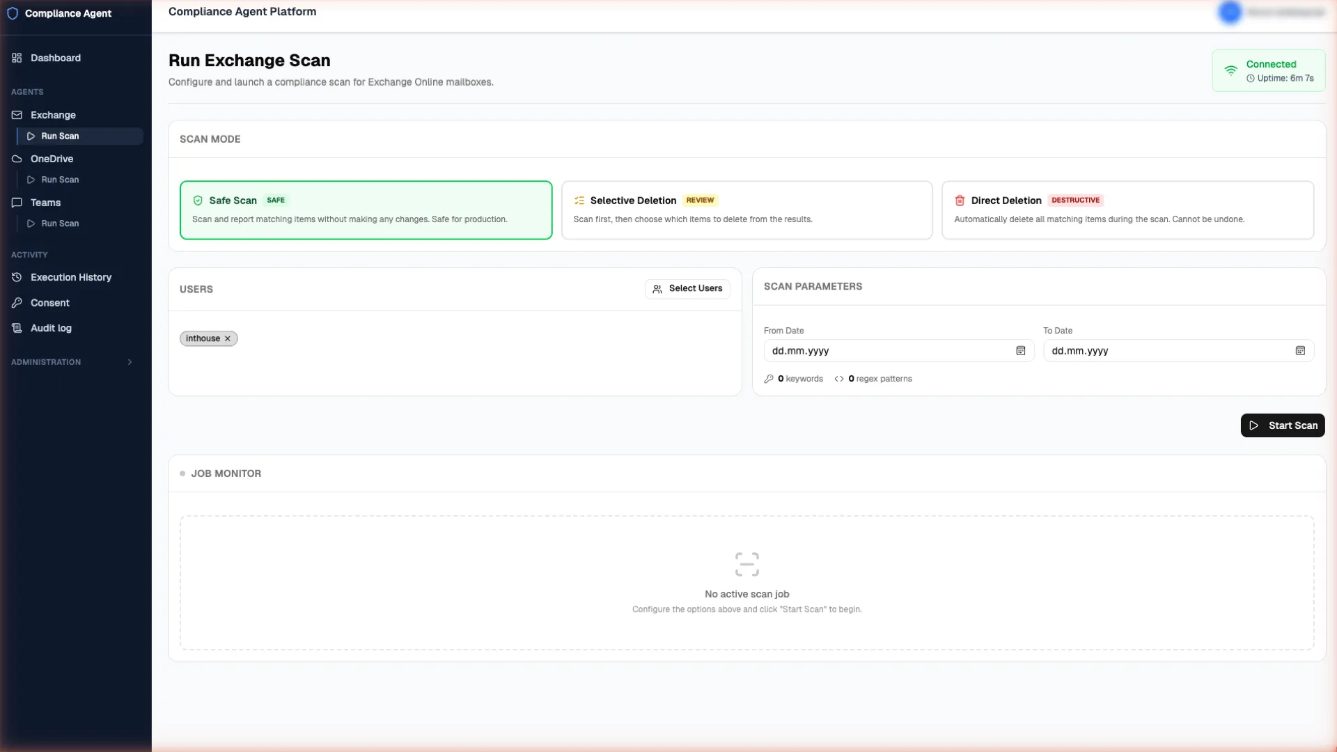 Run Exchange Scan sayfası: Safe Scan seçili; Seçerek Aksiyon ve Doğrudan Aksiyon seçenekleri, kullanıcı seçimi ve tarih aralığı. Arayüz İngilizcedir ve mod adları arayüzde farklı görünür.